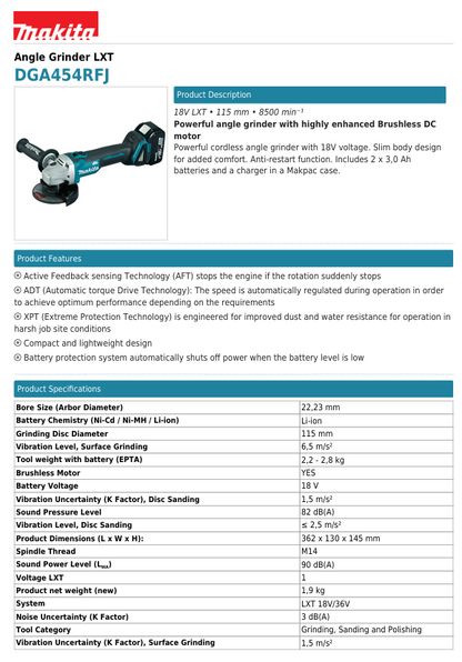 MAKITA DGA454RFJ Cordless Angle Grinder 18v BL 115mm