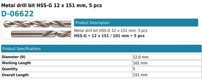 MAKITA D-06622 Metal Drill Bits HSS 12x151 (5s)