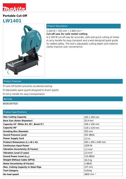 MAKITA LW-1401 Portable Cut-Off 355mm (14")
