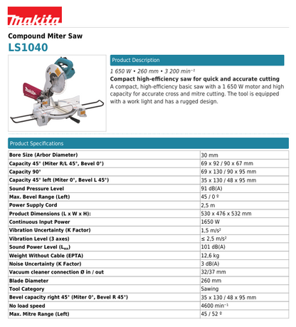 MAKITA LS-1040 Miter Saw 255mm (10")