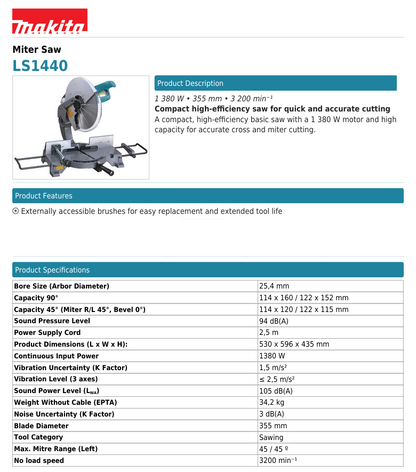 Makita LS 1440 Miter Saw 14''