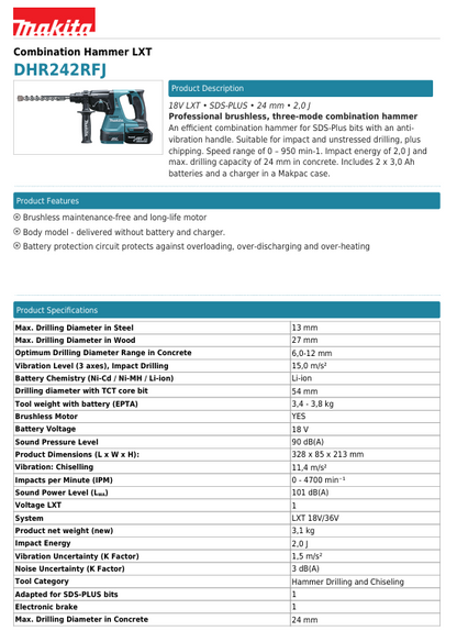 MAKITA DHR242RFJ Cordless Rotary Hammer(Bl) 24mm 18V